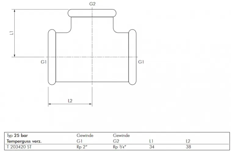 Detailansicht Reduziertes T-Stück aus verzinktem Temperguss mit unterschiedlichen Innengewinde-Größen (25 bar)